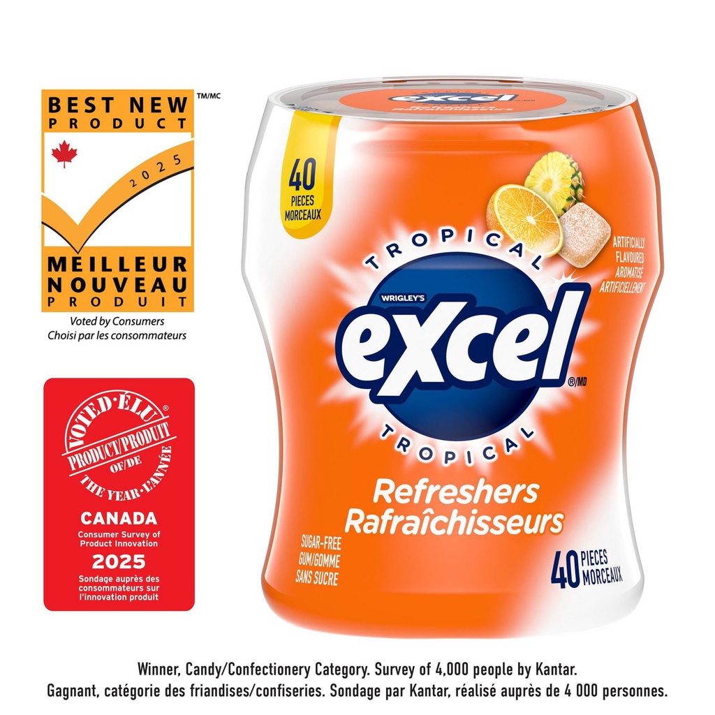 Rafraîchisseurs EXCEL, saveur tropicale, gomme sans sucre, 60&nbsp;morceaux, 1bouteille