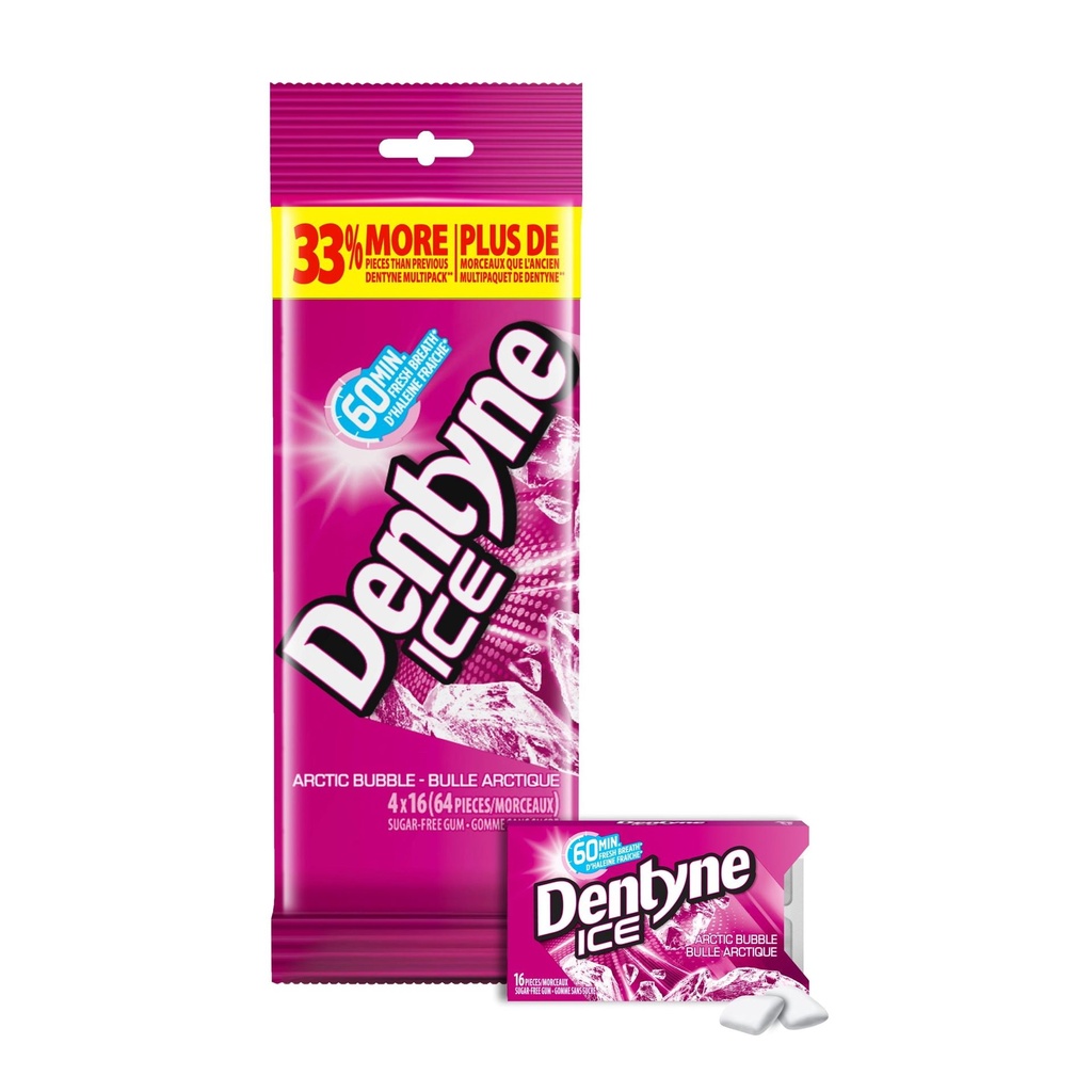Dentyne Ice, Gomme sans sucre Bulle arctique, paquet de 4 (64 pièces)