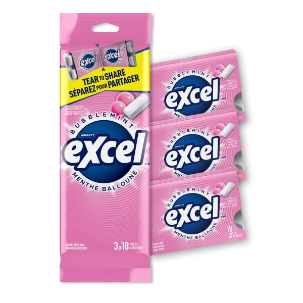EXCEL, Menthe balloune, gomme à mâcher sans sucre, 18 morc., 3 emb