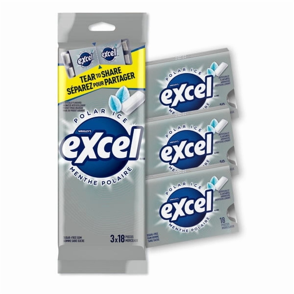 EXCEL, Menthe polaire, gomme à mâcher sans sucre, 18 morceaux, 3 emb