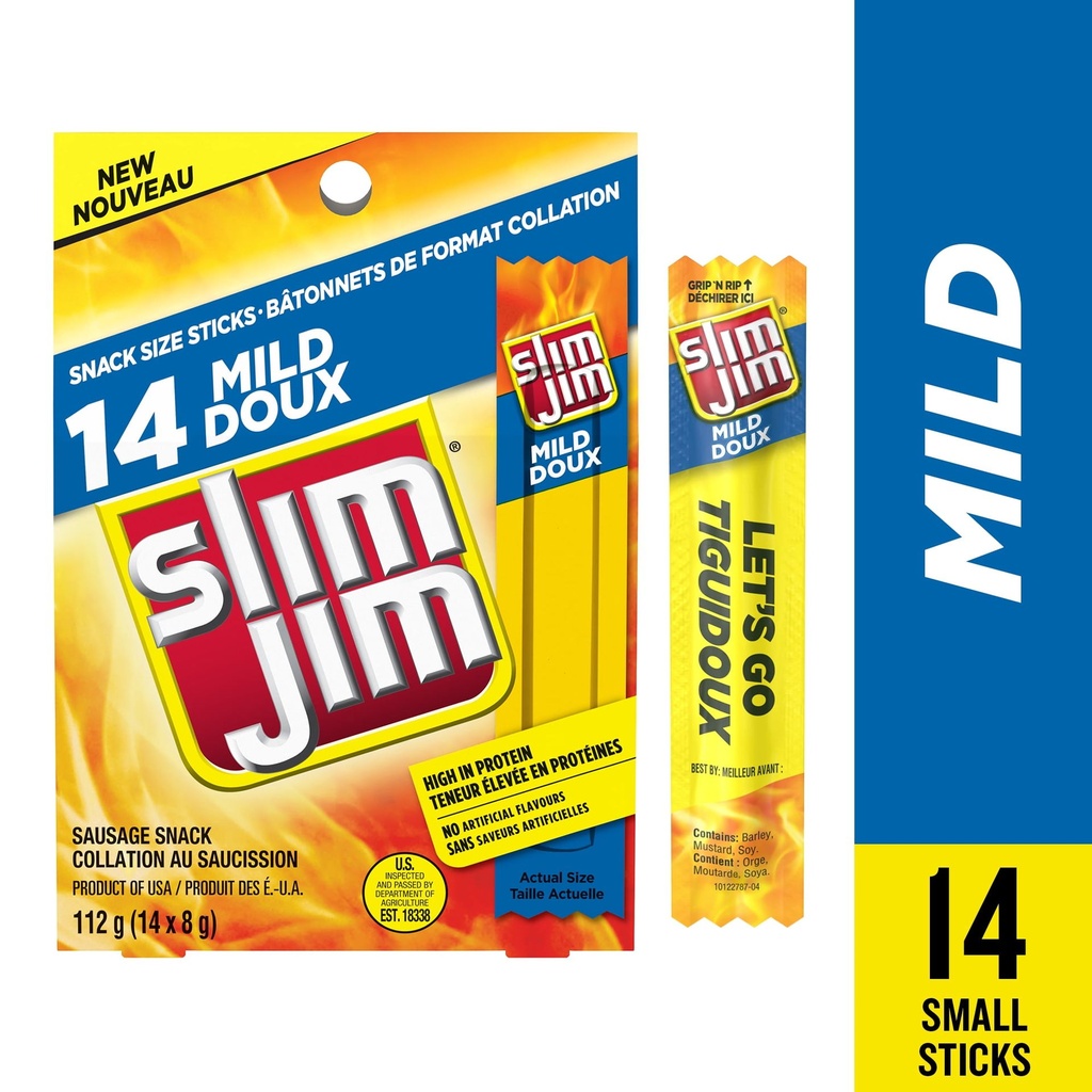 Slim Jim Doux, Bâtonnet de Viande au Saucisson de Format Collation, Teneur Élevée en Protéines, Sans Saveurs Artificielles, Emballage Multiple de Mini Bâtonnets de Viande