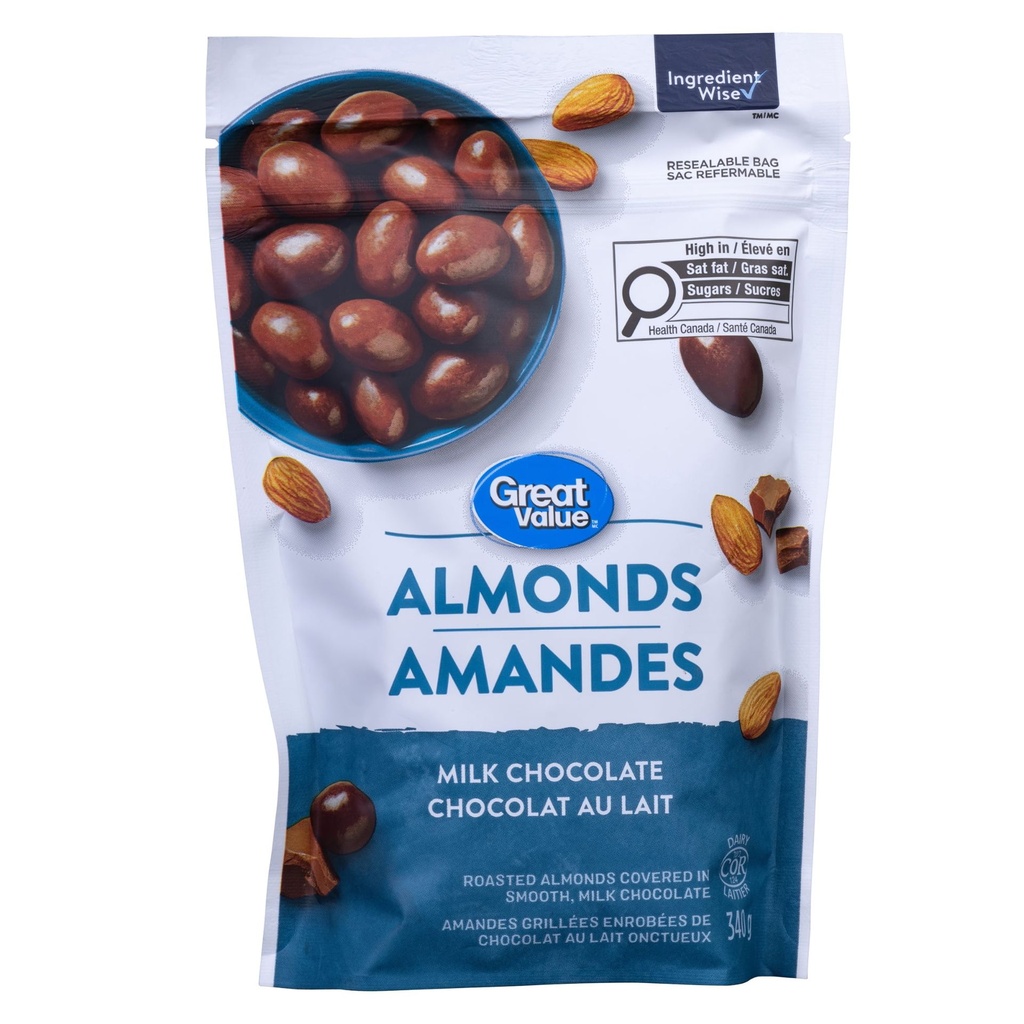 Amandes chocolat au lait Great Value, casher, fabriquées au Canada, 340 g