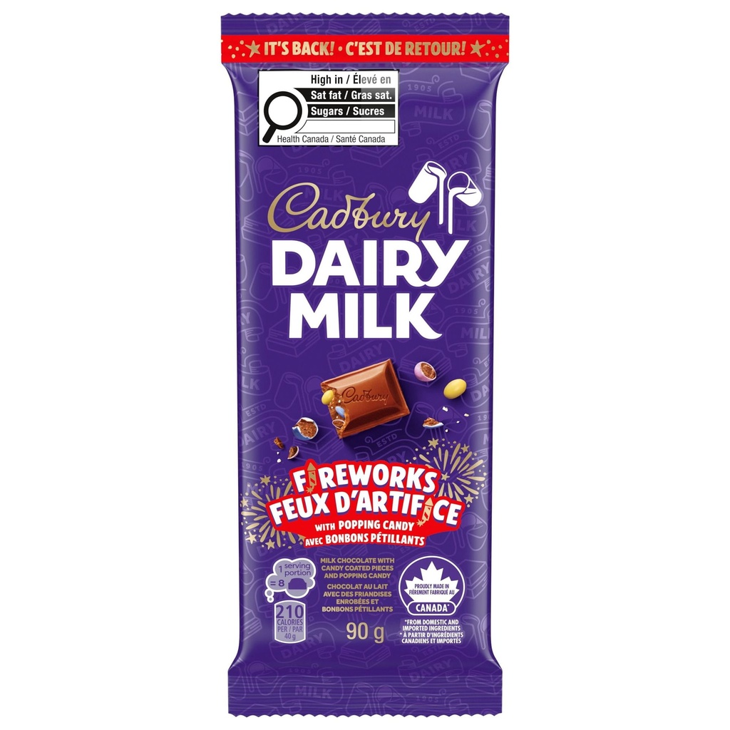 CADBURY DAIRY MILK Feux d’artifice, tablettes de chocolat au lait CADBURY DAIRY MILK avec friandises enrobées et bonbons pétillants, tablette de chocolat, barre de chocolat, 90 g