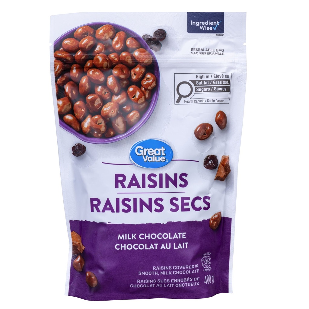 Raisins secs  chocolat au lait Great Value, fabriqués au Canada, casher, 400 g