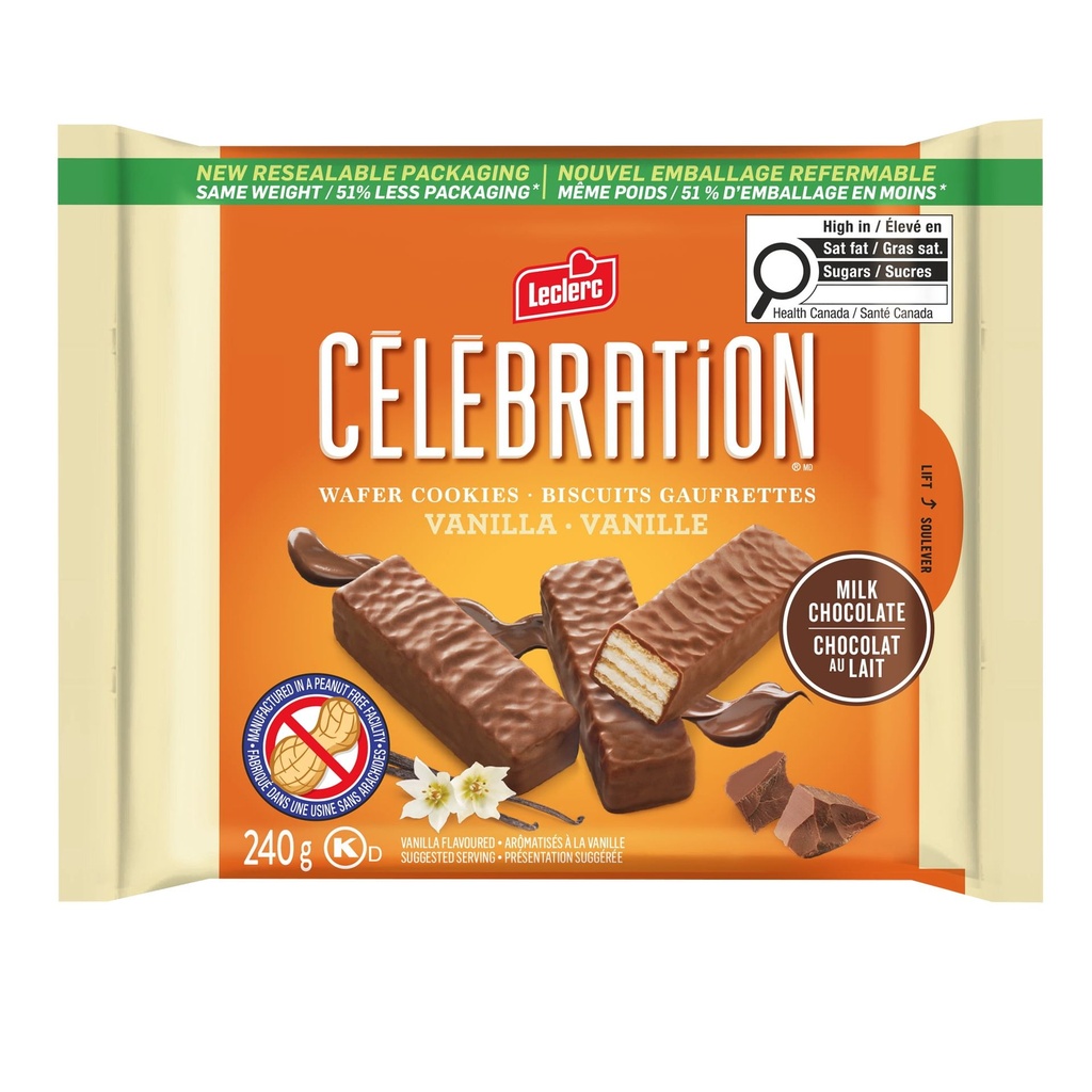 Gauf.Vanille Enrobe de chocolat au lait Celebration Leclerc 240g