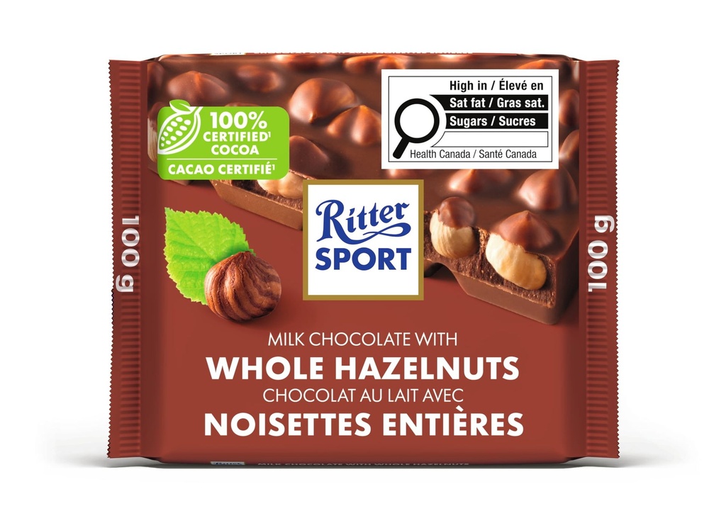 Tablette de Chocolat au Lait aux Noisettes Entières Ritter Sport, Contient du Lait et des Noisettes, 100 G