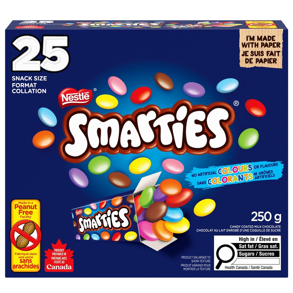 SMARTIES Mini-friandises, chocolat au lait enrobé d’une coquille de sucre, préparé dans une usine sans arachide