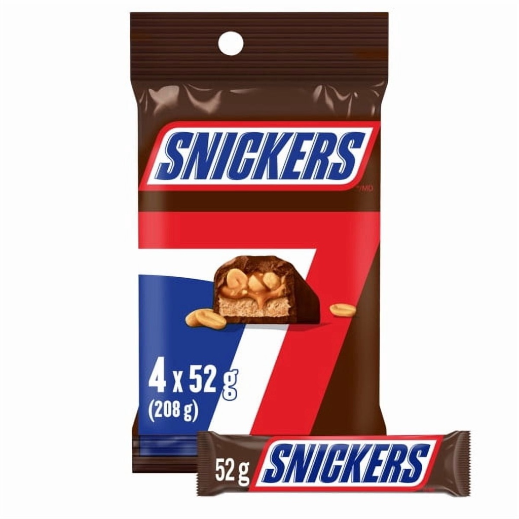 SNICKERS, barres choc. au lait et arachides, 4 barres standards, 208 g