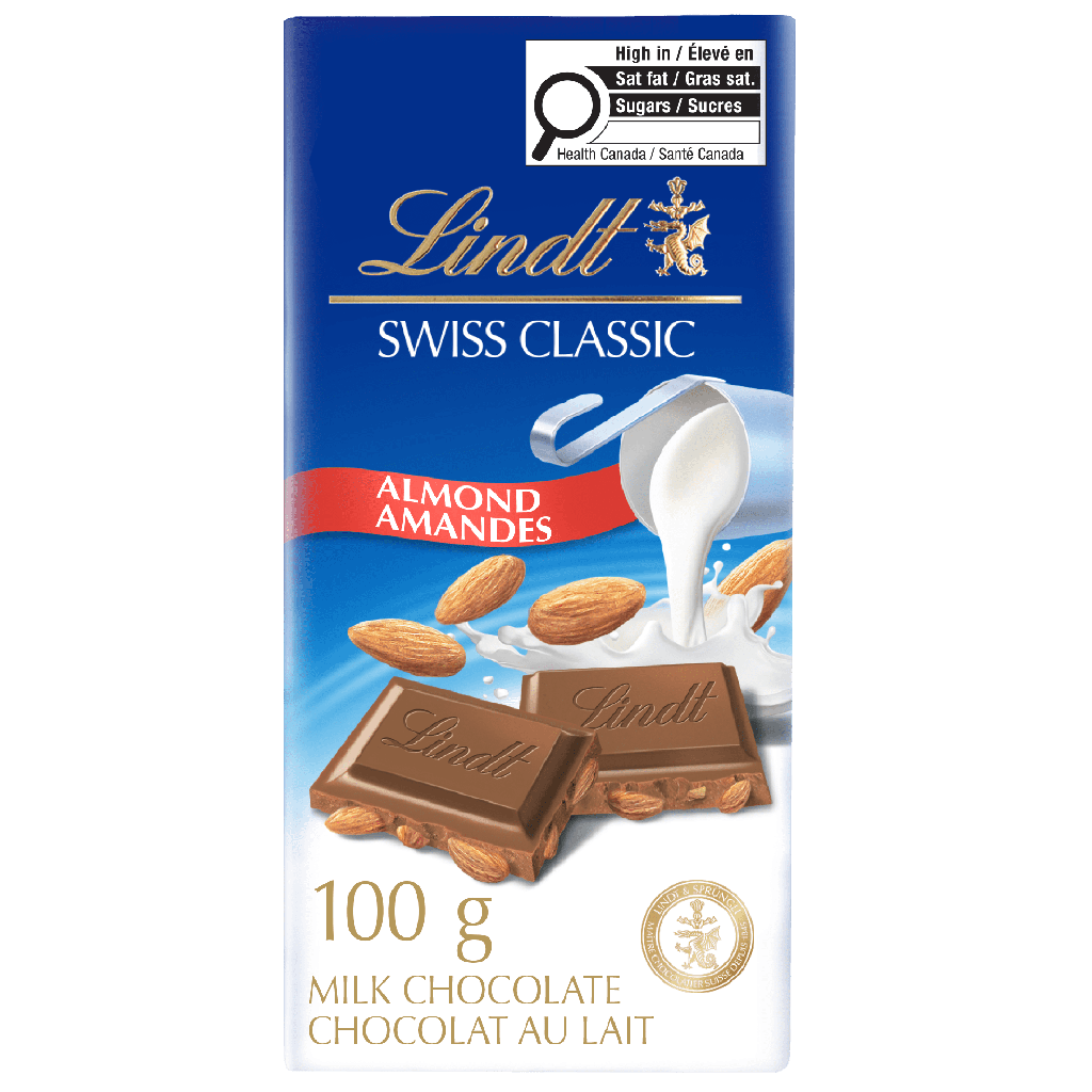 Chocolat au lait avec amandes Lindt SWISS&nbsp;CLASSIC&nbsp;– Barre (100&nbsp;g)