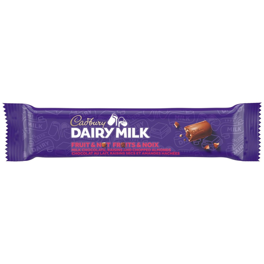 Cadbury Dairy Milk CADBURY&nbsp;DAIRY&nbsp;MILK, tablette de chocolat aux fruits et aux noix, chocolat au lait avec raisins secs et amandes hachées, tablette de chocolat au lait, barre de chocolat au lait