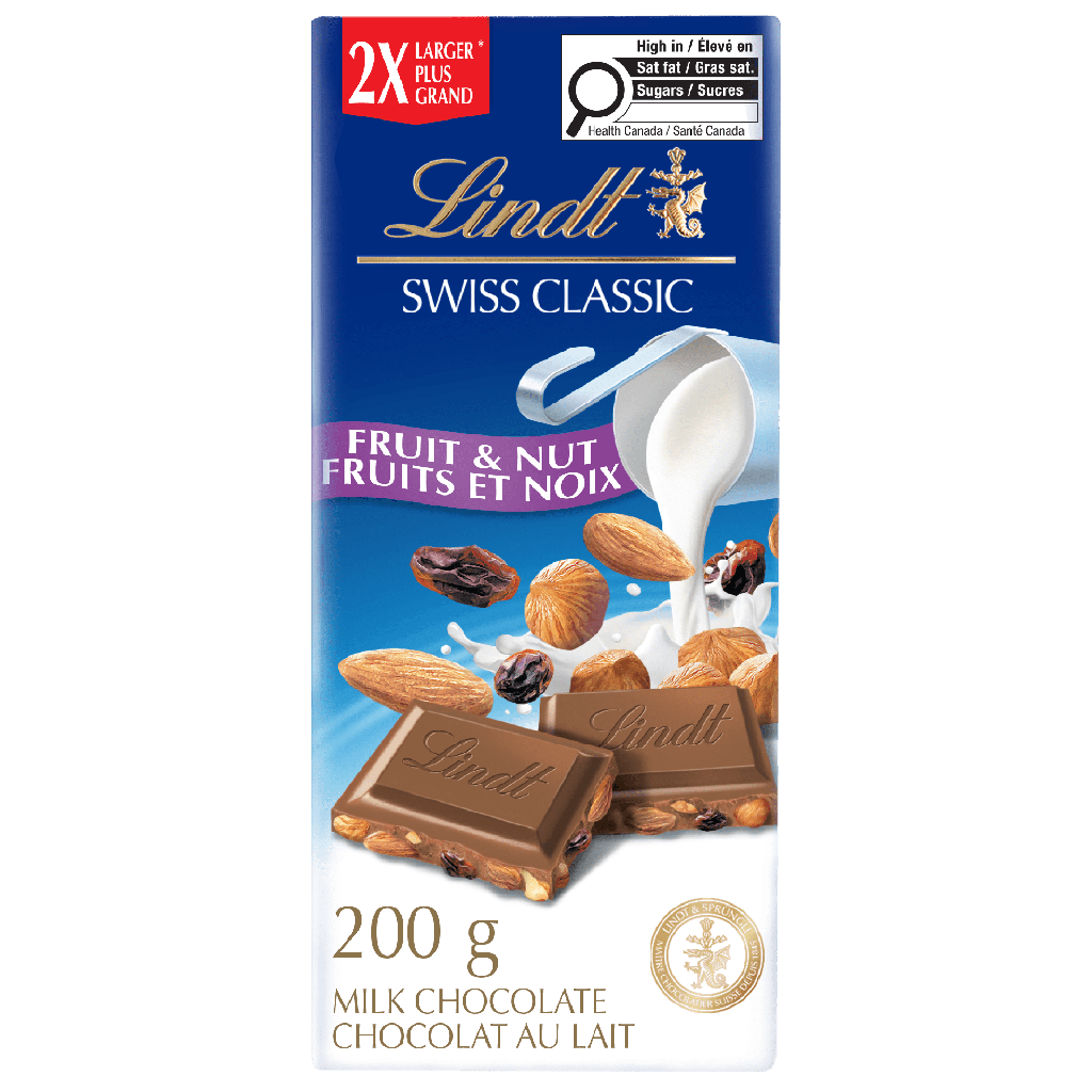 Barre Chocolat au lait avec fruits et noix Lindt SWISS CLASSIC, 200g