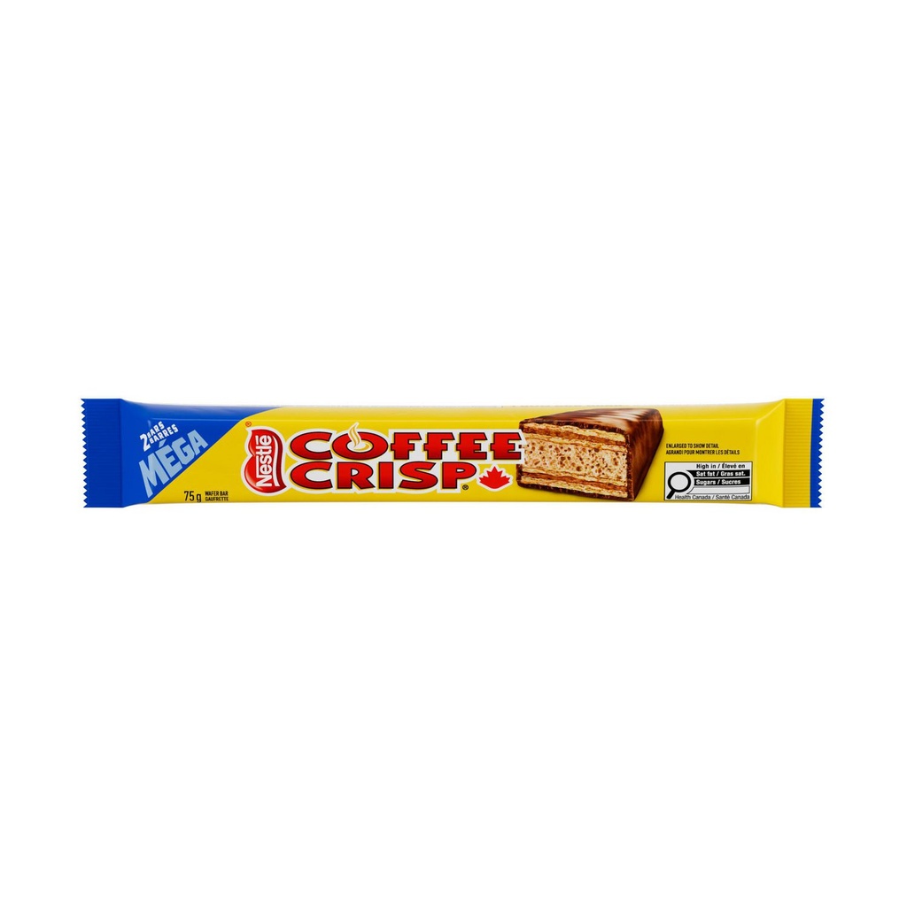 COFFEE CRISP Gaufrettes en format méga, 1&nbsp;emballage de 2&nbsp;barres, couches de crème au café et de gaufrettes croustillantes dans un enrobage chocolaté, préparées au Canada, arômes naturels