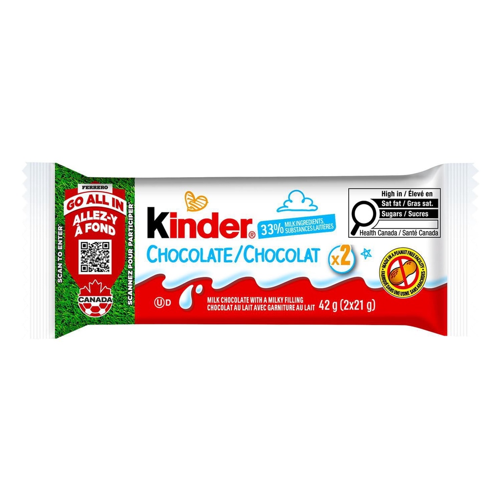 KINDER CHOCOLATE/CHOCOLAT, barre de chocolat au lait avec une garniture au lait, 2 barres emballées individuellement par paquet