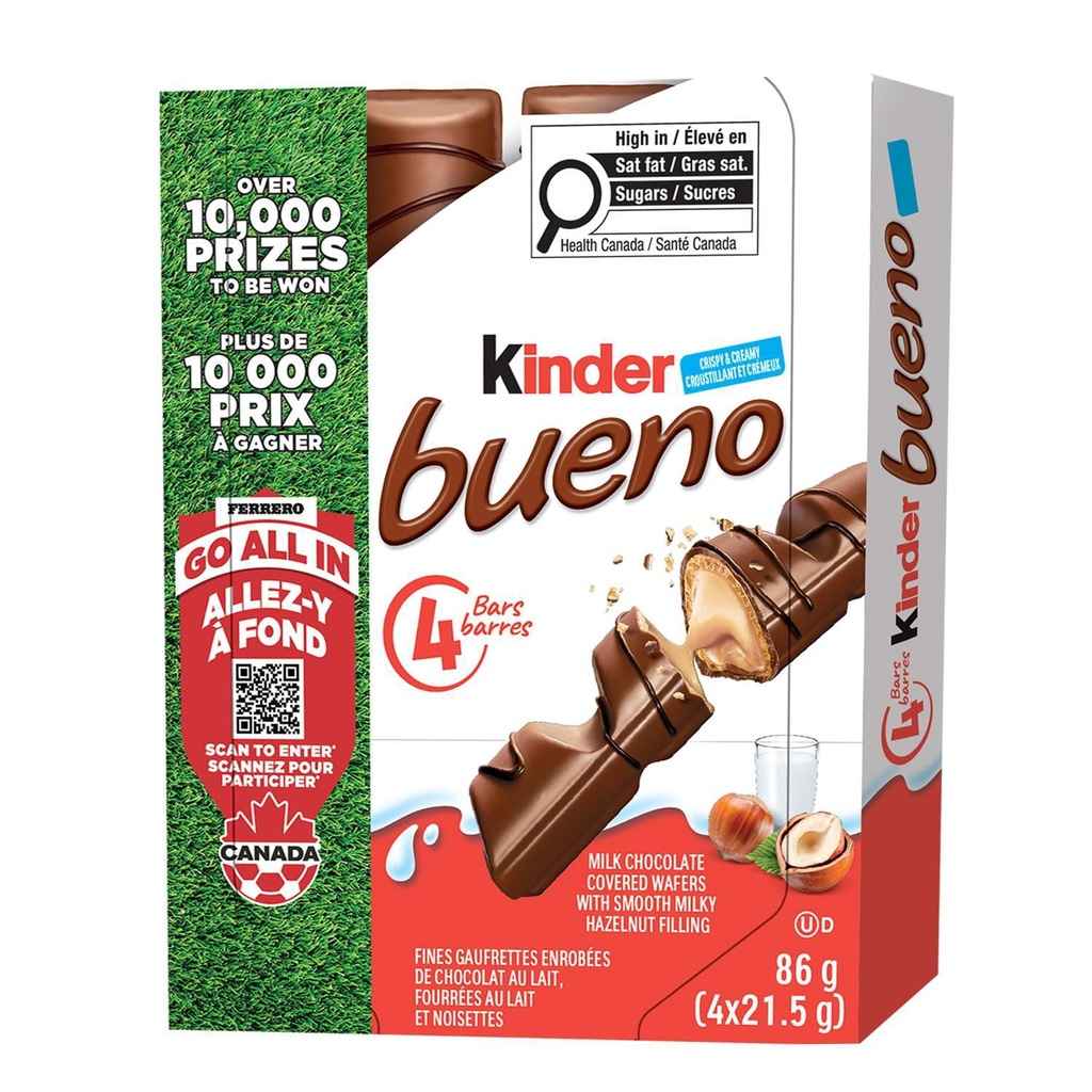 KINDER BUENO&nbsp;barre de gaufrettes croustillantes enrobées de chocolat au lait, avec de la crème aux noisettes, 4&nbsp;barres-gaufrettes emballées individuellement par paquet, 86 g