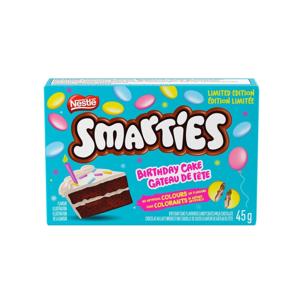 Smarties GÂTEAU DE FÊTE, chocolat au lait enrobé d’une coquille de sucre à arôme gâteau de fête, préparé au Canada, sans colorants ni arômes artificiels 45 g