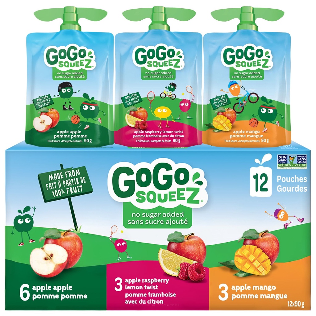 GoGo squeeZ Gourdes de Compote de Fruits pour Collation Assortiment, Pomme Pomme, Pomme Framboise avec du Citron, Pomme Mangue, Sans Sucre Ajouté. 90g par Gourde, Boîte de 12 Gourdes