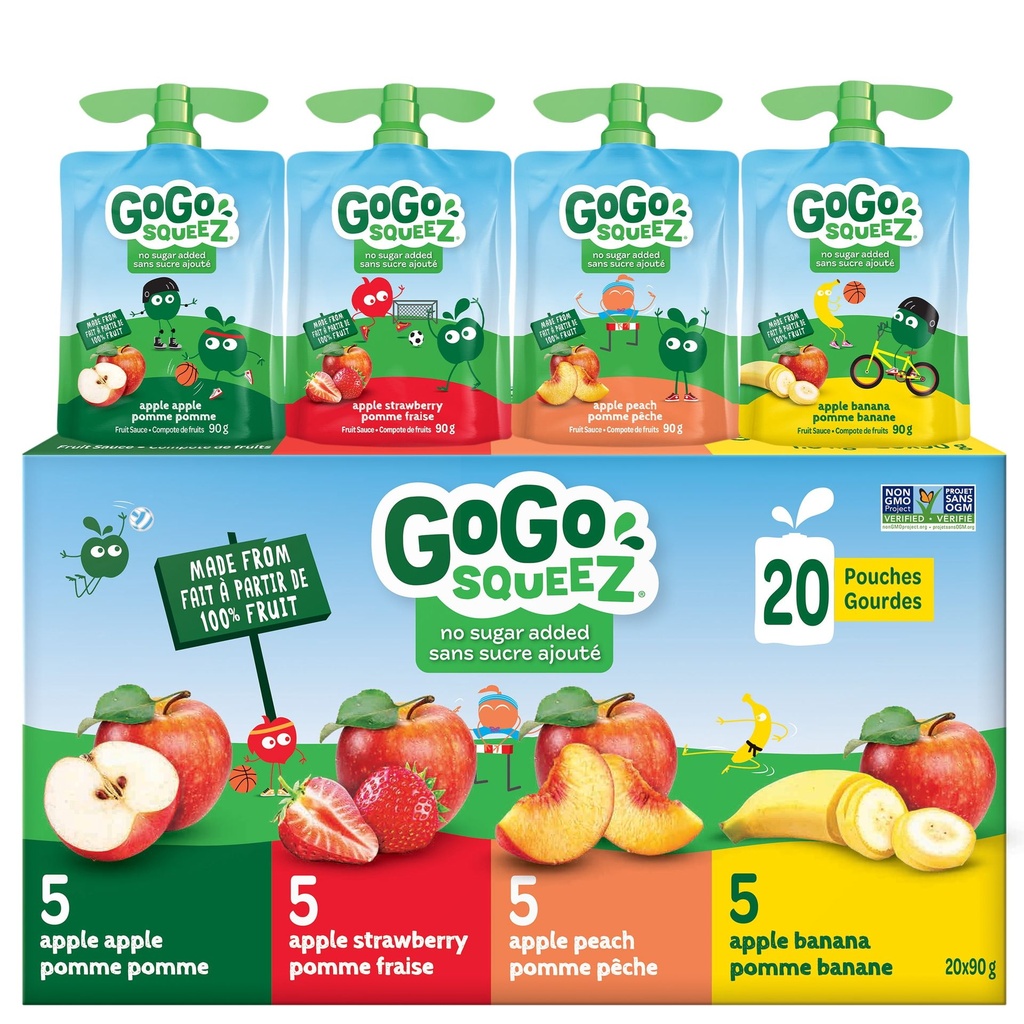GoGo squeeZ Assortiment de Gourdes de Compote de Fruits, Pomme Pomme, Pomme Fraise, Pomme Pêche, Pomme Banane, Sans Sucre Ajouté. 90g par Gourde, 20 Gourdes