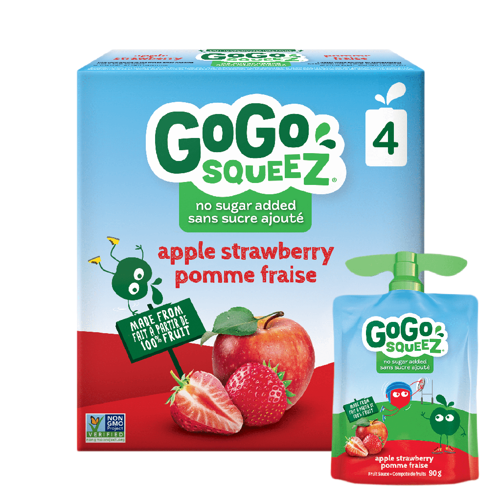 GoGo squeeZ® GoGo squeeZ Compote de Fruits, Pomme Fraise, Sans Sucre Ajouté. 90g par Sachet, 4 Sachets