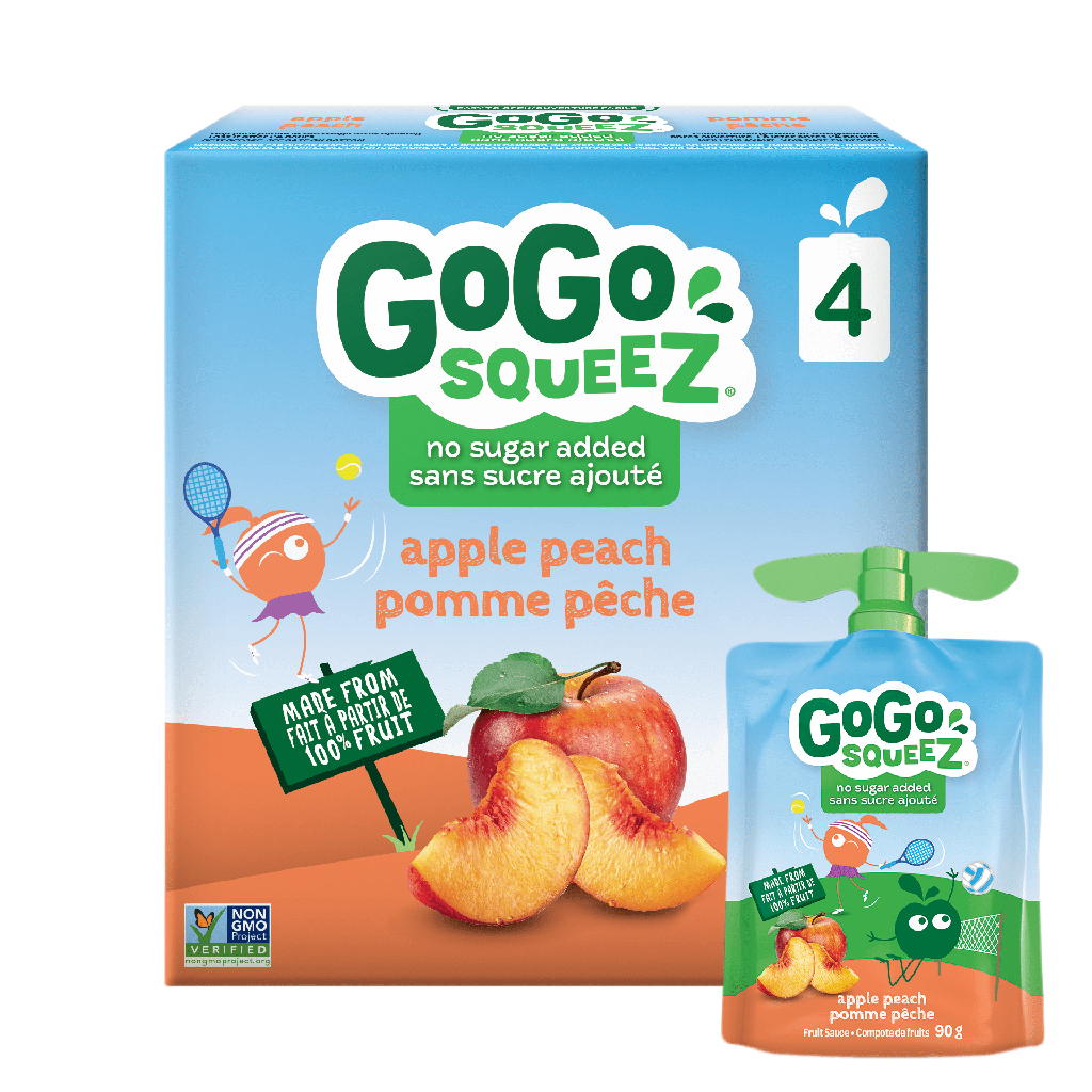 GoGo squeeZ® GoGo squeeZ Compote de Fruits, Pomme Pêche, Sans Sucre Ajouté. 90g par Pochette, 4 Pochettes