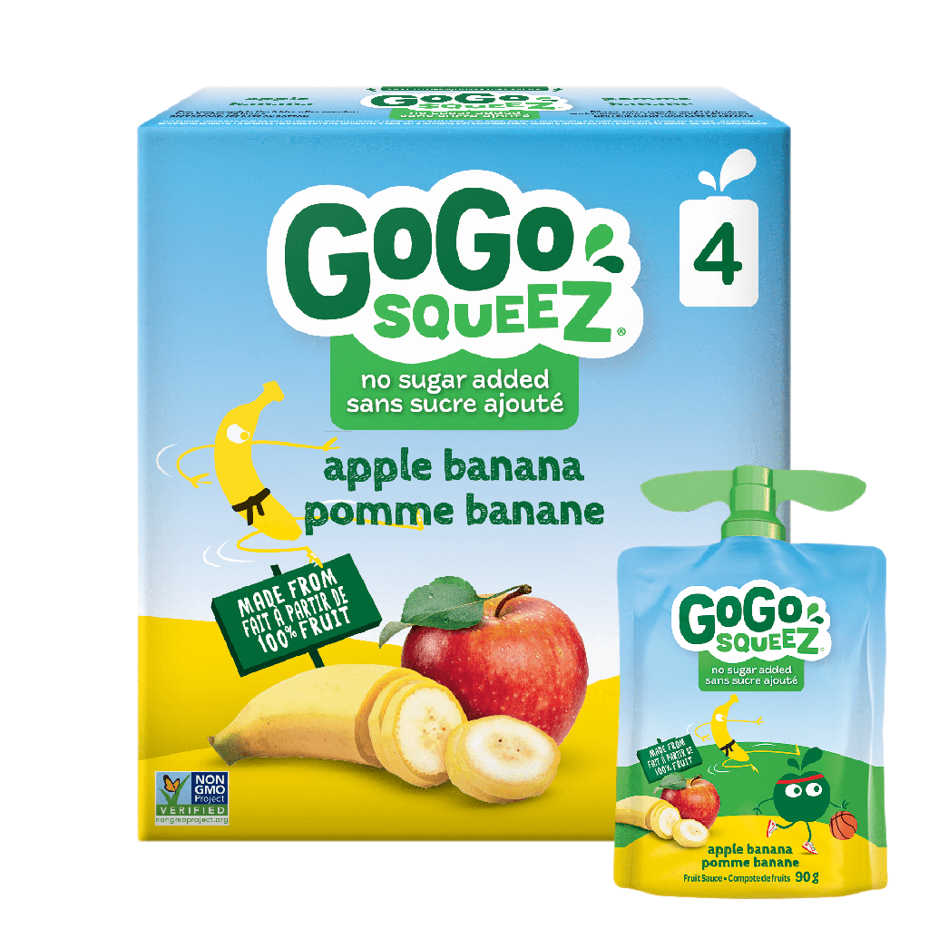 GoGo squeeZ® GoGo squeeZ Compote de Fruits, Pomme Banane, Sans Sucre Ajouté. 90g par Pochette, 4 Pochettes