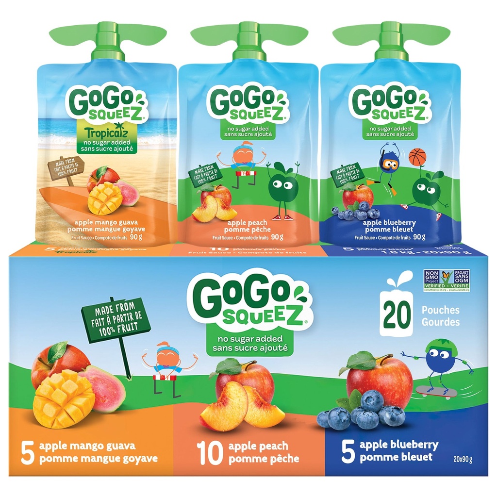 GoGo squeeZ Gourdes de Compote de Fruits pour Collation Assortiment, Pomme Mangue Goyave, Pomme Pêche, Pomme Bleuet, Sans Sucre Ajouté Boîte de 20 Gourdes