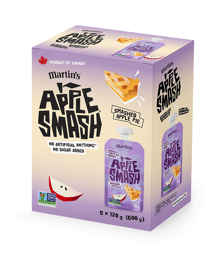 Martin's Apple Smash® Gourdes de sauce aux fruits, Compote tarte aux pommes, boîte de 5, 120g par gourde