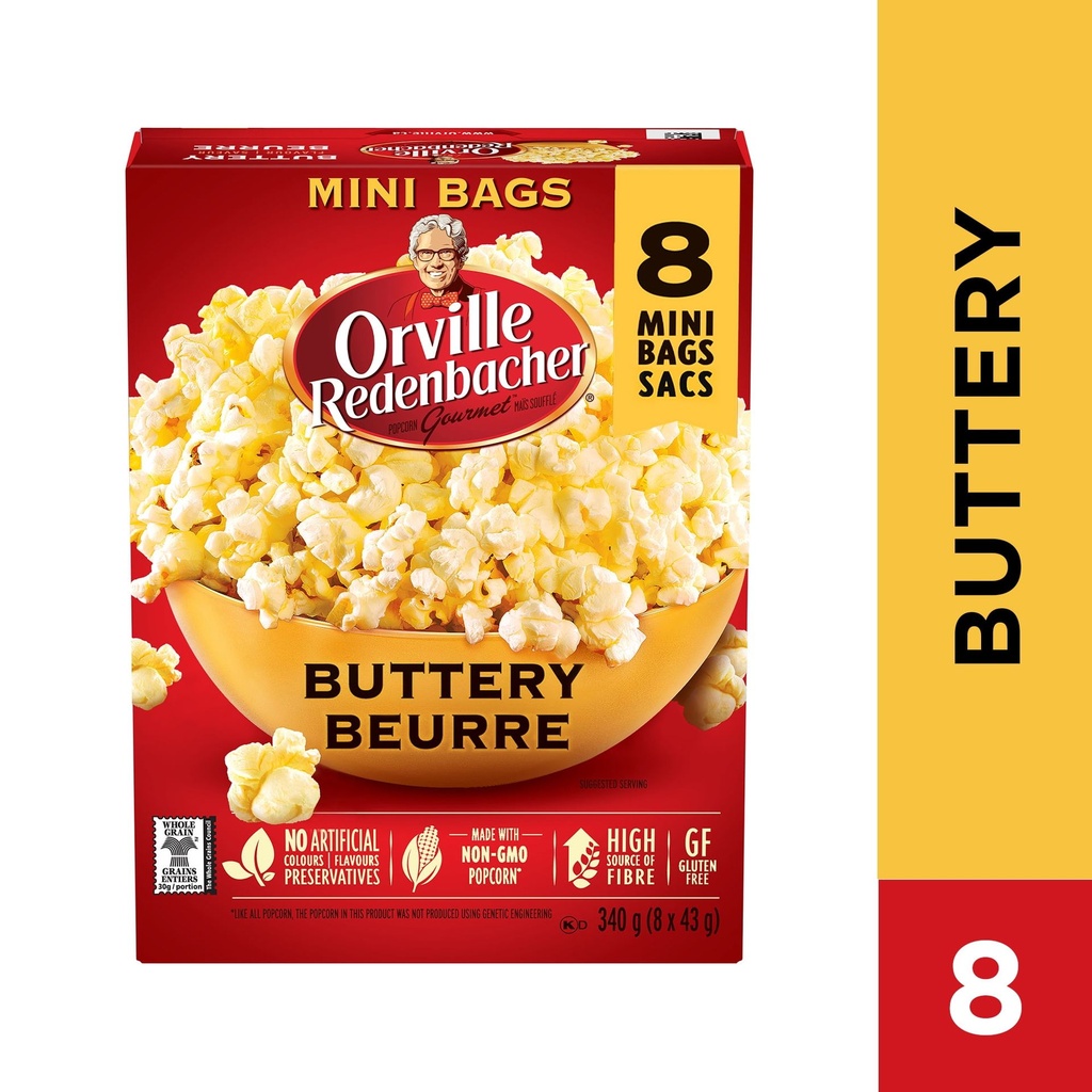 Orville Redenbacher's Orville Redenbacher Maïs éclaté au micro‑ondes saveur beurre, maïs éclaté 100 % grains entiers, sans gluten, 340 g (8 mini sacs x 43 g)