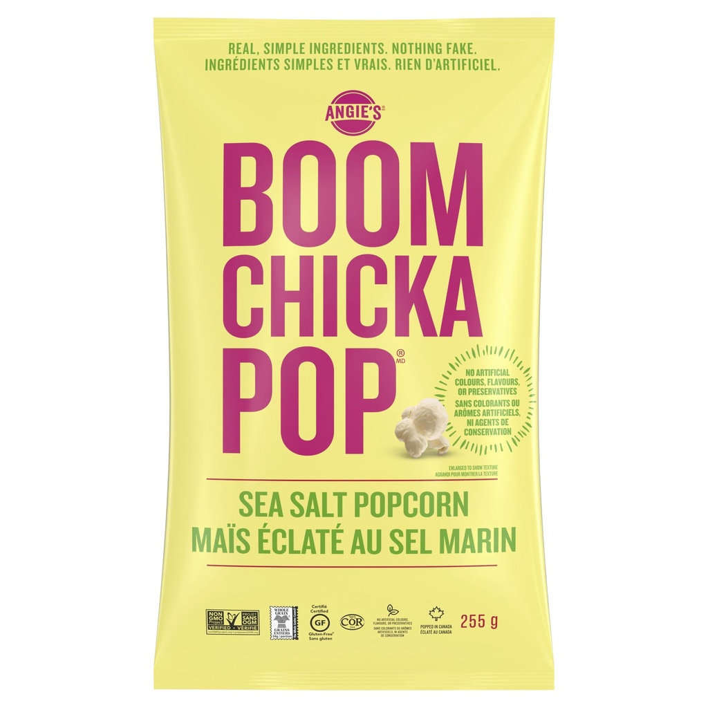 E-ANGIE'S Angie’s BOOMCHICKAPOP Maïs éclaté au sel marin, format à partager, maïs éclaté 100 % grains entiers, maïs non OGM, sans gluten, sans colorants ni arômes artificiels ni agents de conservation, 255g