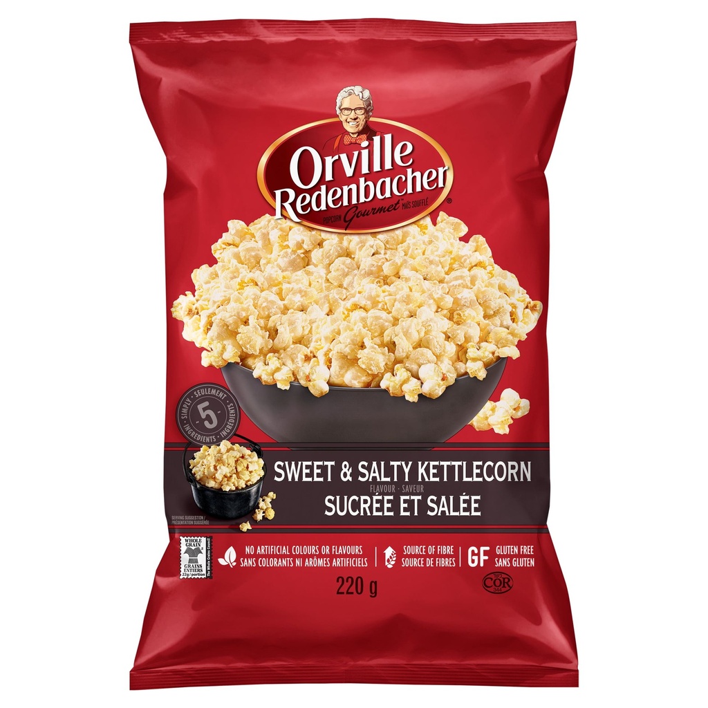 Orville Redenbacher's Orville Redenbacher Maïs éclaté sucré et salé, maïs éclaté 100 % grains entiers, sans gluten, sans colorants ni arômes artificiels ni agents de conservation, source de fibres, 220g