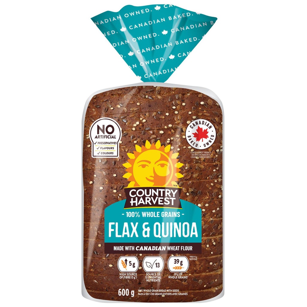 Pain tranché Lin et quinoa de Country Harvest, Grains entiers à 100 %, Sans agents de conservation, arômes ni colorants artificiels, 600 g