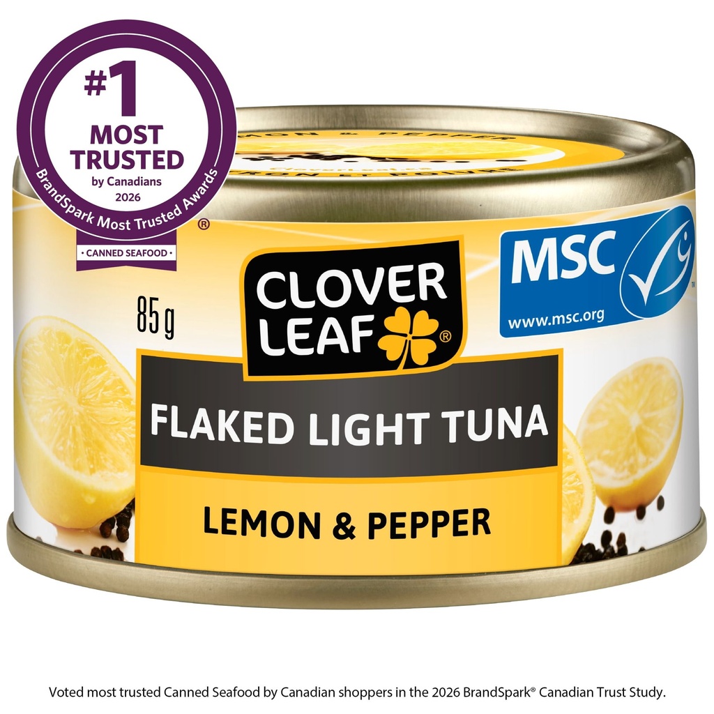 Thon pâle émietté Clover Leaf® - au citron et poivre. Poisson sauvage. 18 g protéines par 1 boîte. Prêt à manger. Sans gluten.