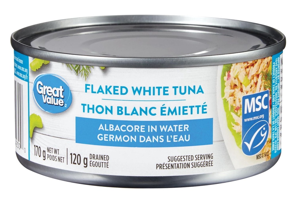 Thon blanc émiétté Great Value, germon dans l’eau