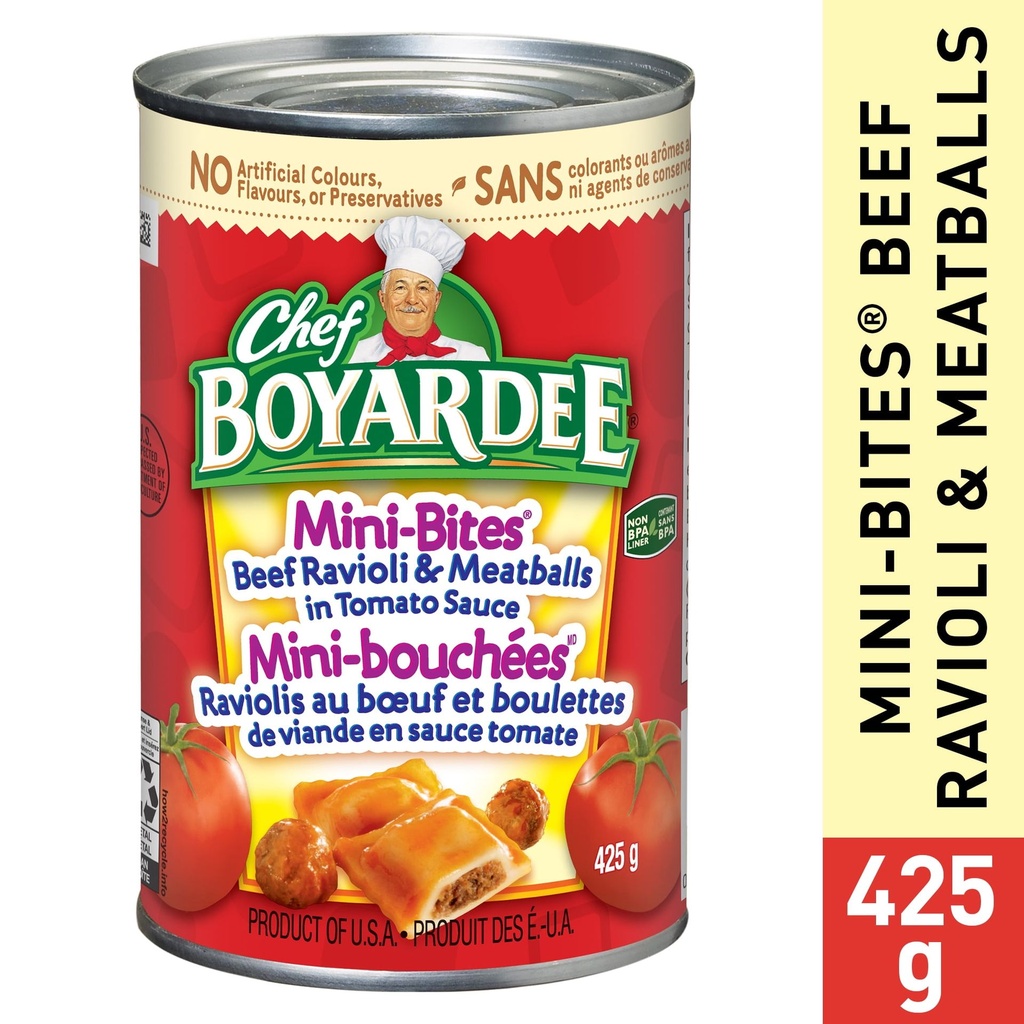 Mini - bouchées ® Raviolis au bœuf et boulettes de viande à la sauce tomate de Chef Boyardee®, 425 grams