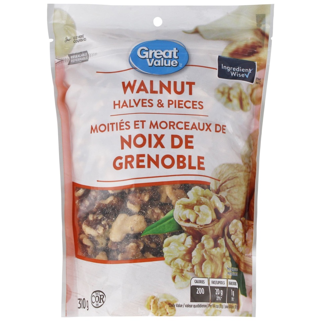 Moitiés et morceaux de noix de Grenoble Great Value 300g, Kosher, Shelled