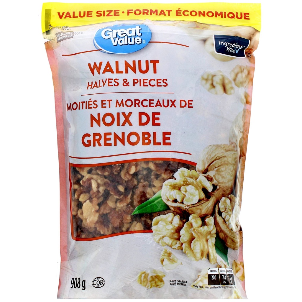 Moitiés et morceaux de noix de Grenoble Great Value 908g