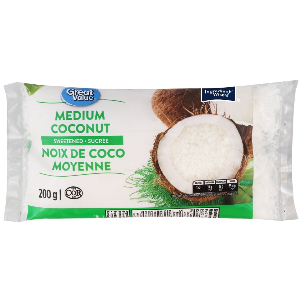Great Value Noix de Coco Râpée Moyenne Sucrée, Flocons de Noix de Coco Séchés, Contient des Sulfites 200g