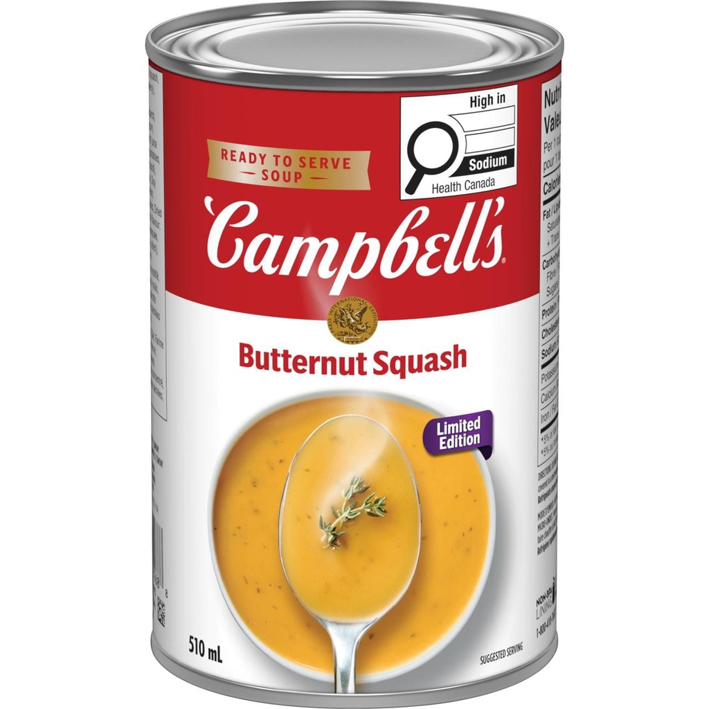 Soupe de courge musquée prête à servir Campbell's 510ML, forme liquide, stable à la conservation
