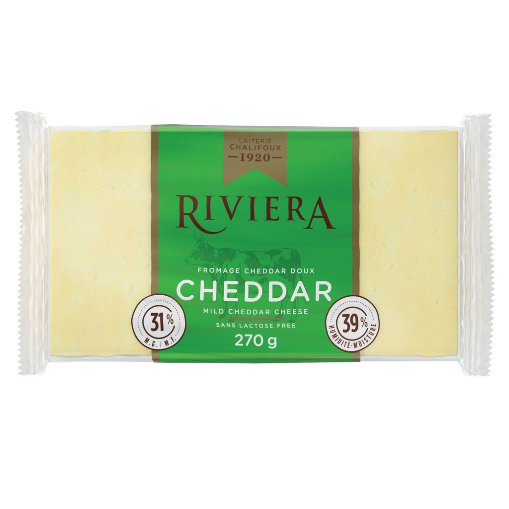 Laiterie Chalifoux. - Gamme de Fromages Maison Riviera - 31 % de Matière Grasse Laitière. Bloc de Fromage Cheddar Blanc Doux 270G.