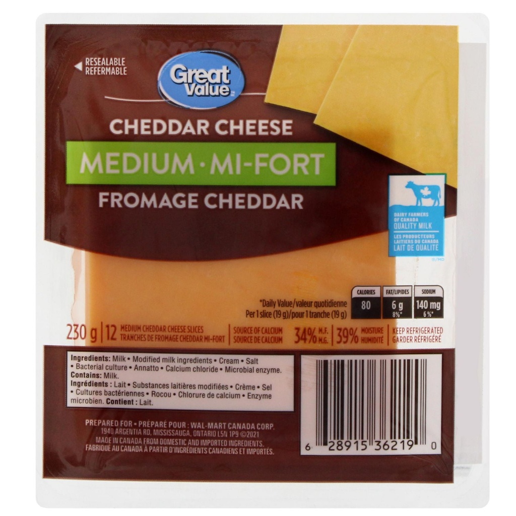 Tranches de fromage cheddar mi-fort Great Value