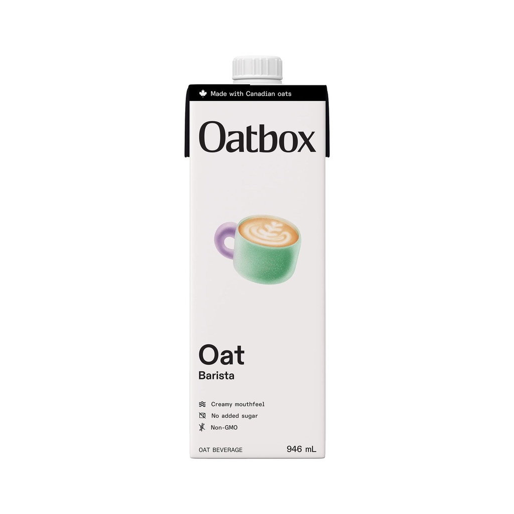 Oatbox Sans Produits Laitiers, Boisson Oatmilk Barista, 946 ml en tetra, Sans Sucre Ajouté, À Base de Plantes, Sans Cholestérol, Fièrement fabriqué au Canada avec des flocons d'avoine canadiens