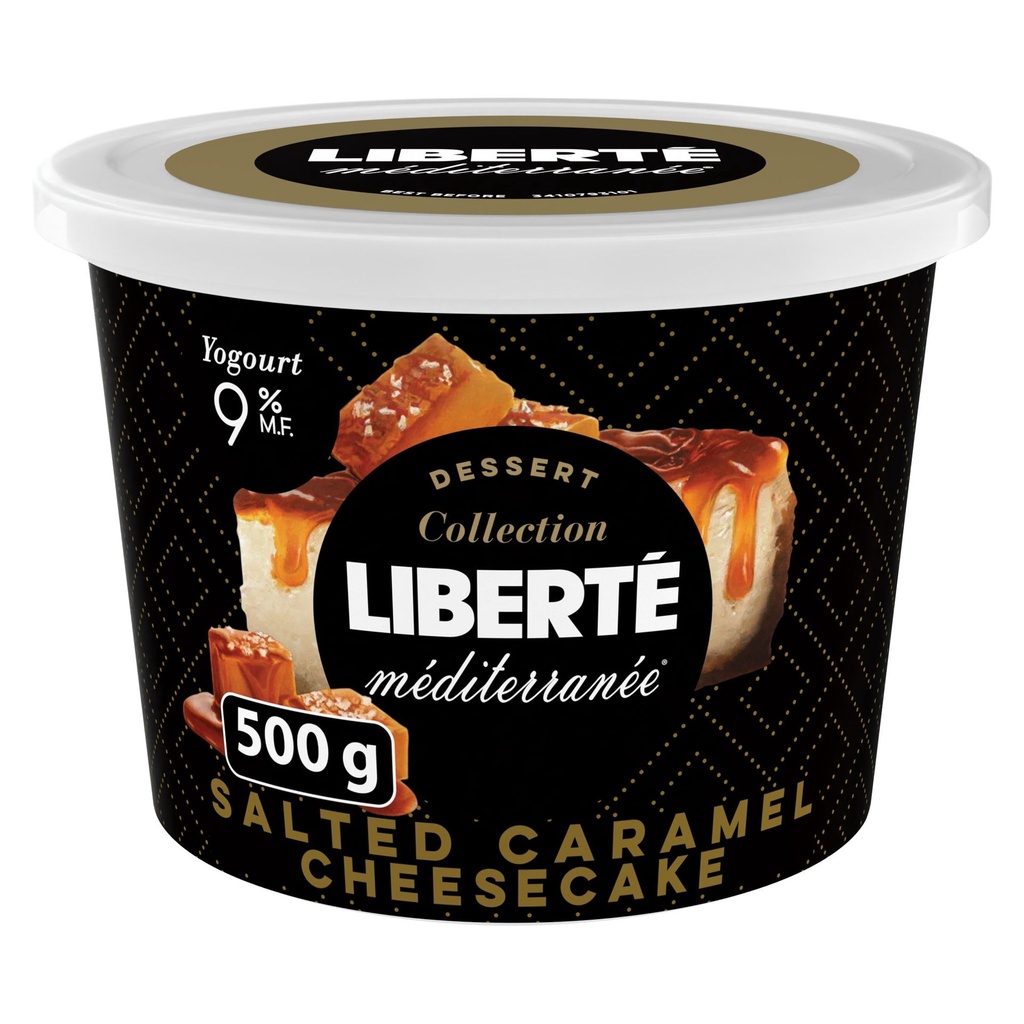 Liberté Liberte Méditerranée 9% Yogourt, Collection Dessert, Saveur gâteau au fromage et caramel salé, 500g