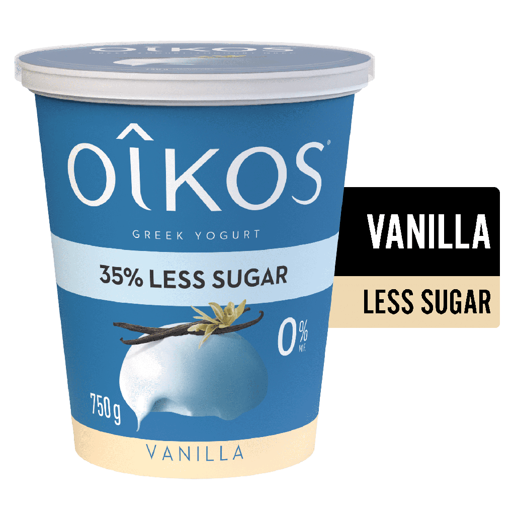 Oikos Yogourt Grec sans gras, Vanille, 0% M.G., Brassé, 35% moins de sucre
