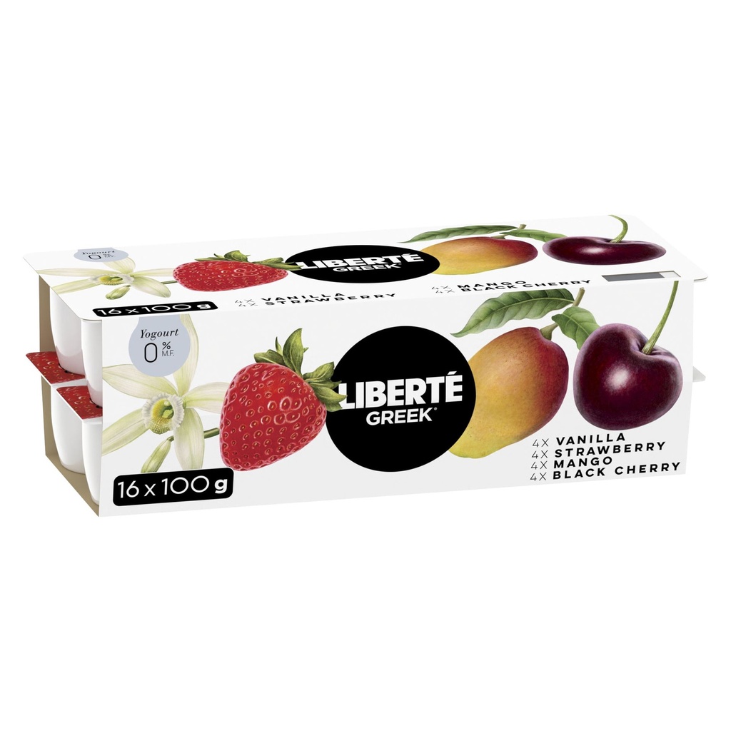 Liberté Liberte Yogourt Grec 0 %, Assorti, Riche en Protéines et en Probiotiques, 16x100g