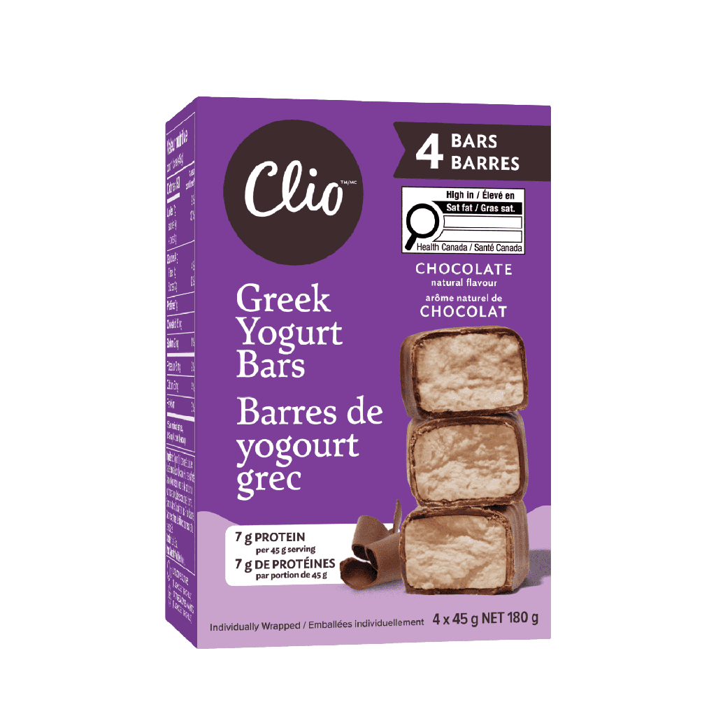 Clio LLC Barres Clio au yogourt grec au chocolat en enrobage chocolaté, 45 g, 4 ct