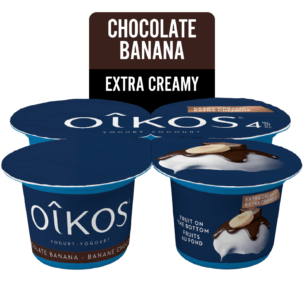 Oikos Yogourt Extra Crémeux, Banane Chocolat, Brassé, 4 % M.g, 4x95g