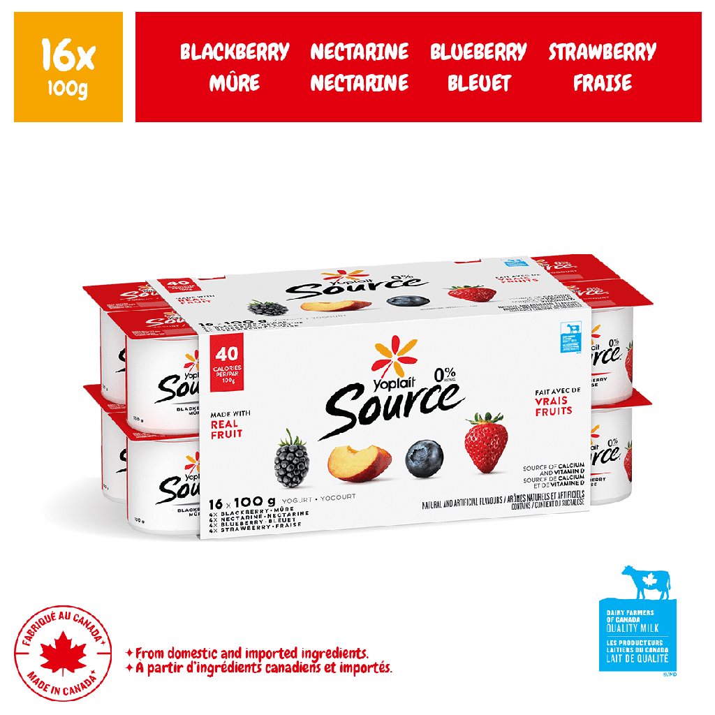 Yoplait Source 0 %, Variété de Coupes de Yogourt Traditionnel Onctueux, Sans Sucre Ajouté, 16x100g