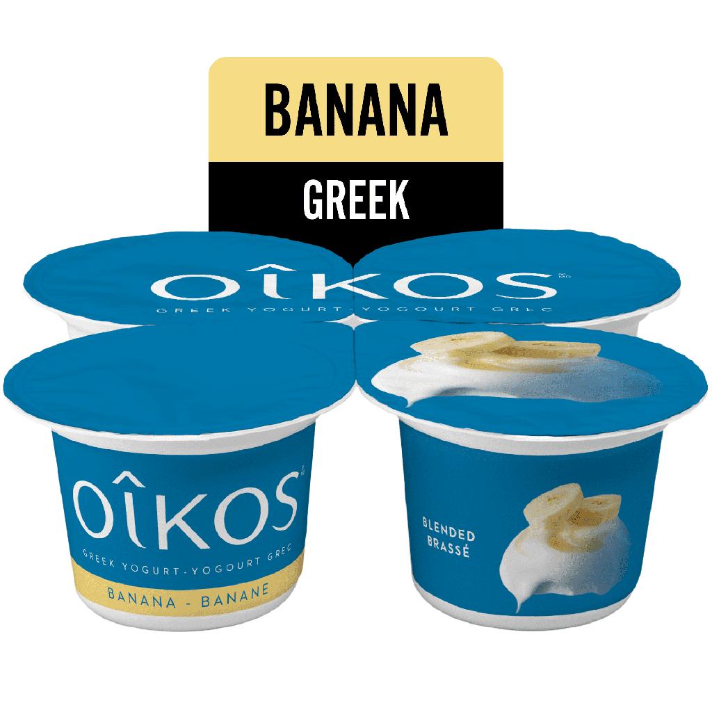Oikos Yogourt Grec, Banane, Brassé, 2 % M.G., 4x100g