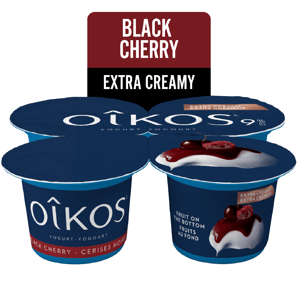 Oikos Yogourt Extra Crémeux, Cerises Noires, Fruits au Fond, 9 % M.g, 4x95g