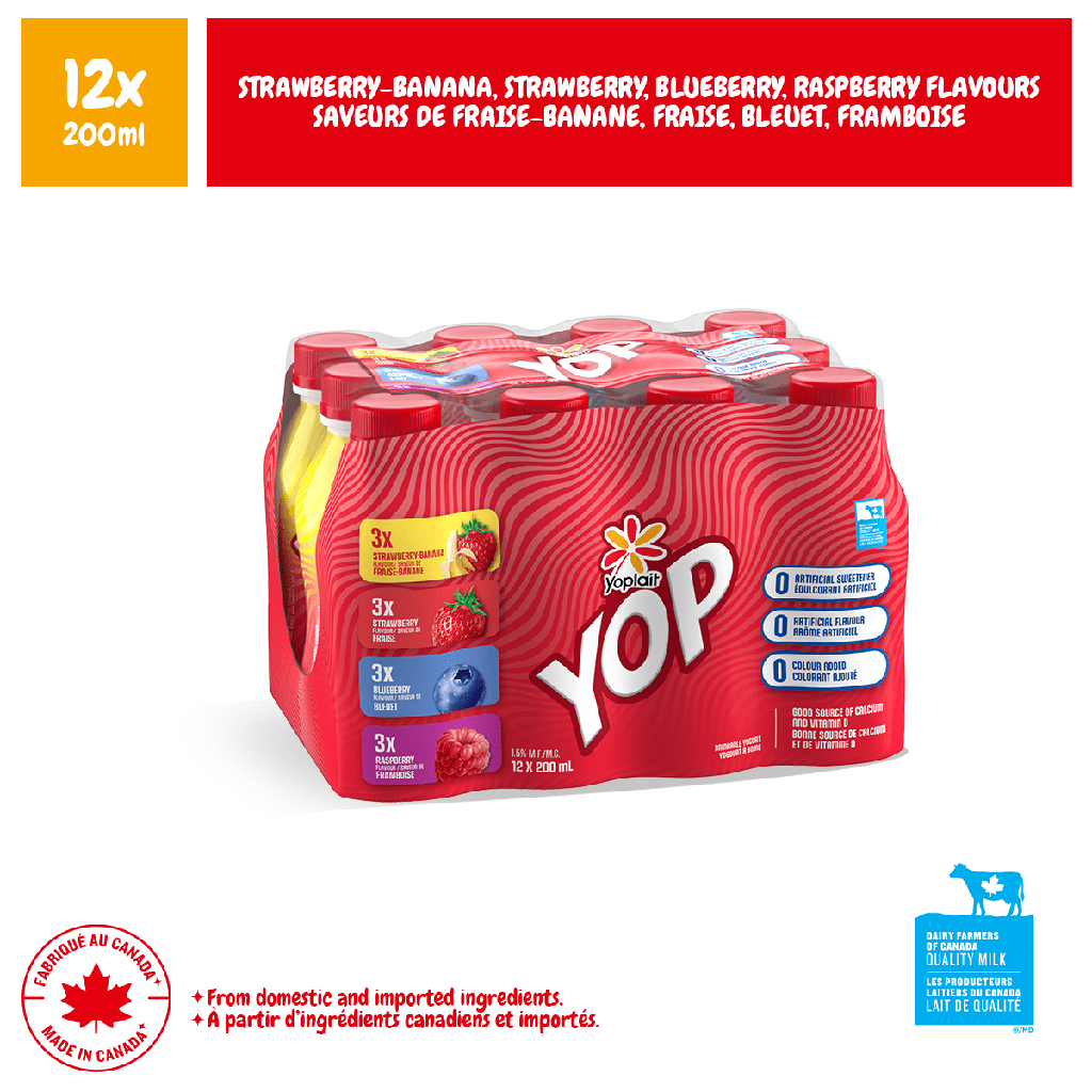 Paquet de yogourts à boire Yoplait Yop 1 %, fraises, bleuets, framboises et fraises-bananes, boissons au yogourt, 200 mL, 12 unités
