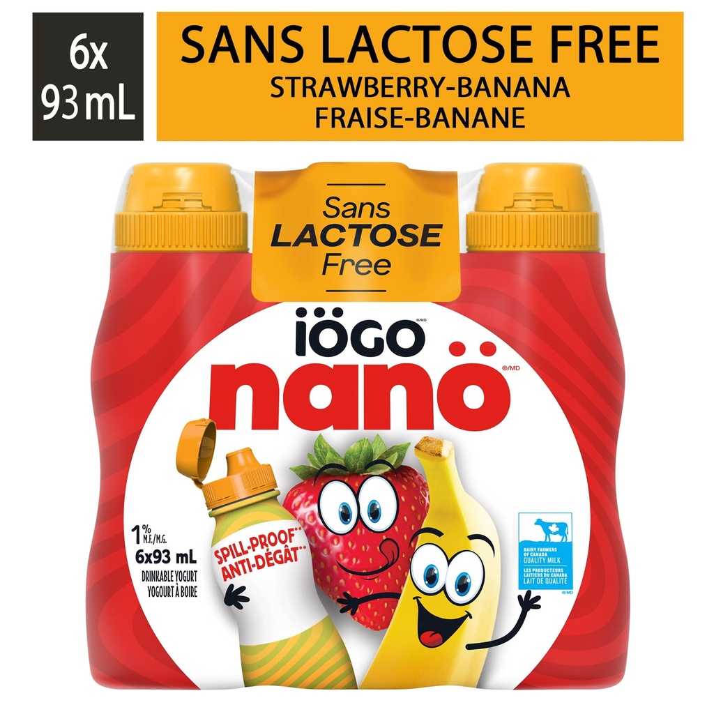 iÖGO nanö iOGO nano Yogourt à Boire Fraise-Banane, Sans Lactose , 1 %, 6x93ml